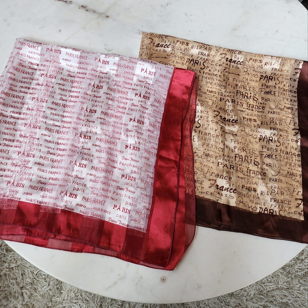 PARIS France silk scarves one brown & cream, one rose & white 39.5" sq.